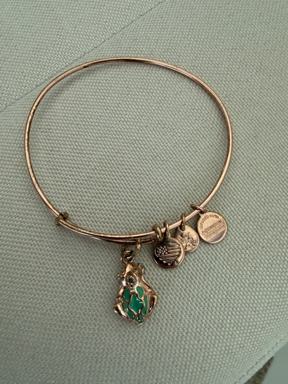 Alex and Ani Gold Tone Bracelet with Green Enamel Frog Charm and Accent Discs